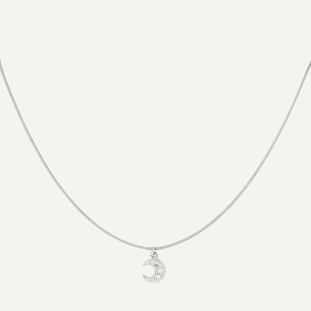 Collana Serena con pendente a forma di luna impreziosito da pietre di zirconi, Realizzata in acciaio inossidabile, anallergico e resistente all'acqua - Trinwel.com